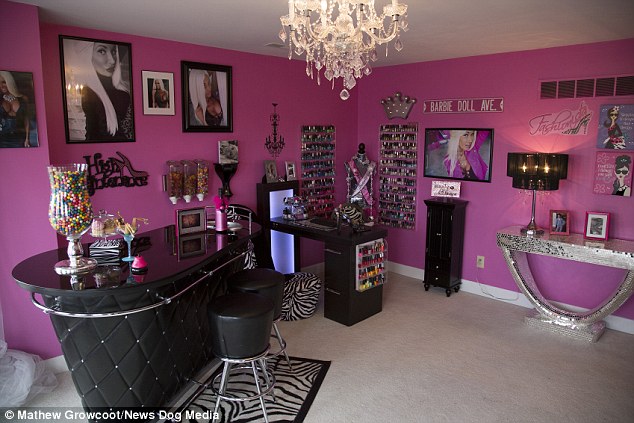 The doll fan is so devoted to the lifestyle she has her own Barbie playroom, complete with a well stocked nail bar and sweet dispensers