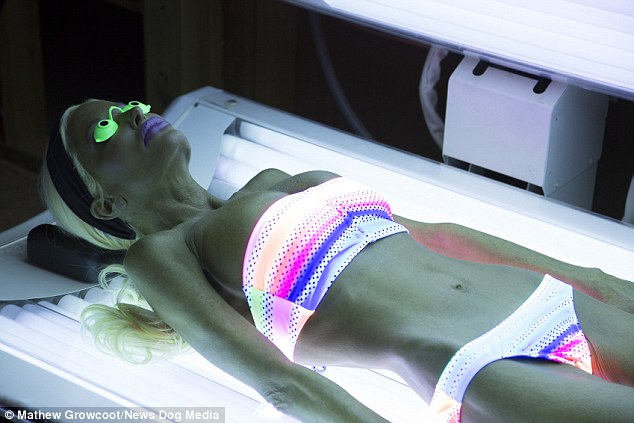The tanning fanatic tops up daily on the sun bed inside her house, and spends $140 (£100) per month on spray tans